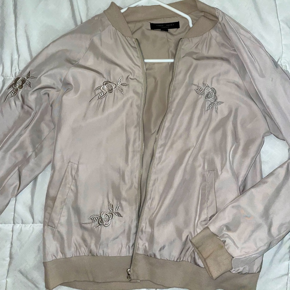 TAN BOMBER JACKET WITH ROSE EMBROIDERY